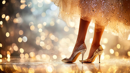 A lady in a luxurious dress slipping into sparkling evening heels before a gala.の素材