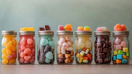 A series of jars filled with an assortment of sugary delights like candies, gummies, and chocolates, isolated against a neutral background.の素材