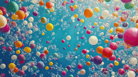 A high-angle view of a pool of bright, multicolored plastic balls, scattered randomly.の素材