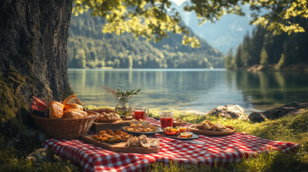 A lakeside picnic with a red checkered tablecloth, a spread of snacks, and a peaceful nature view in the background.の素材