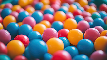 A low-angle shot of plastic balls piled up in a children's play pit, creating a fun perspective.の素材
