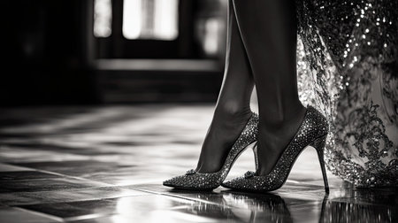 A lady in a luxurious dress slipping into sparkling evening heels before a gala.の素材