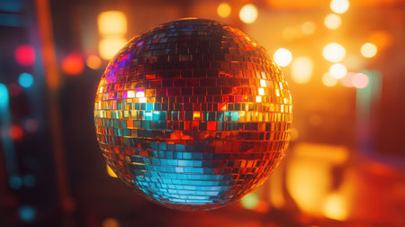 A holographic disco ball with a prismatic mirror effect, reflecting club lights.の素材