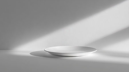 A minimalist shot of a white plastic plate with subtle shadows, isolated on a solid background.の素材
