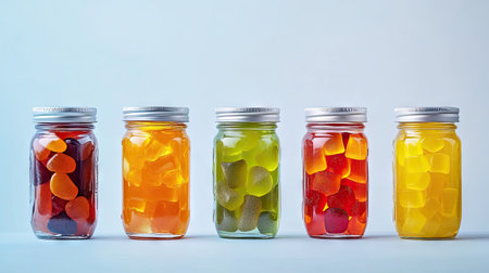 A series of jars filled with colorful, sweet candies such as fruit-flavored gummies and hard candy pieces, isolated against a plain background.の素材