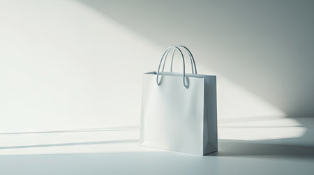 A modern and sleek white shopping bag mockup standing alone on a light background.の素材