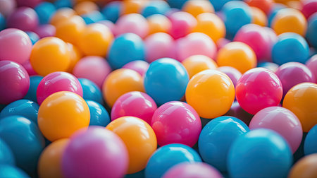 A low-angle shot of plastic balls piled up in a children's play pit, creating a fun perspective.の素材
