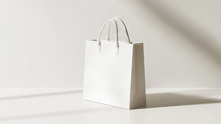 A modern and sleek white shopping bag mockup standing alone on a light background.の素材