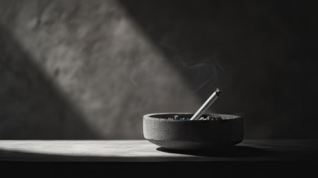 A minimalist shot of a single cigarette in an ashtray, highlighted by moody lighting.の素材