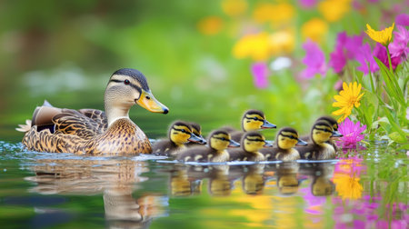 A mother duck with her ducklings swimming in a pond, the water reflecting the vibrant colors of the wildflowers growing along the edgeの素材
