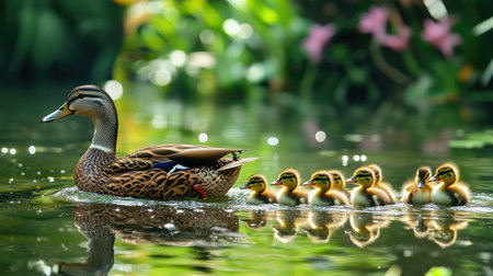 A mom duck leading her little ducklings across a pond, the gentle ripples creating a calming effect, with greenery and flowers along the shoreの素材