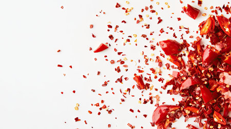 A group of sliced red chili peppers with spicy seeds spilling out, set against a clean white backdrop.の素材
