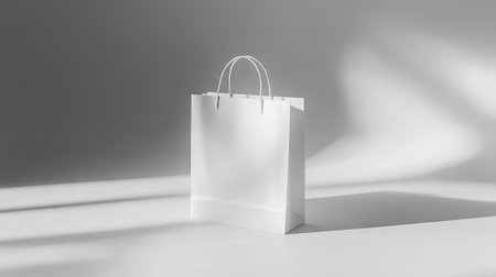 A minimalist white paper shopping bag with handles, isolated on a plain background.の素材
