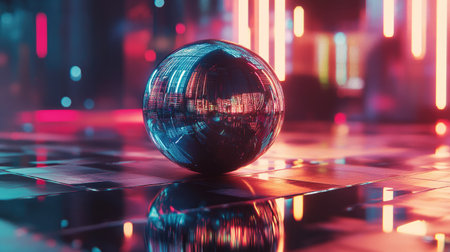 A holographic disco ball resting on a glossy surface, reflecting futuristic lights.の素材