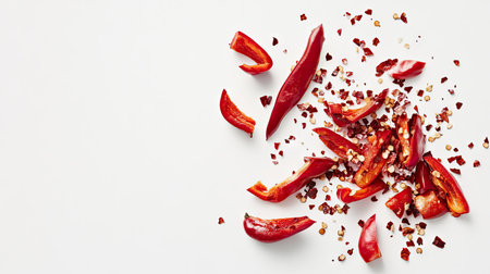 A group of sliced red chili peppers with spicy seeds spilling out, set against a clean white backdrop.の素材
