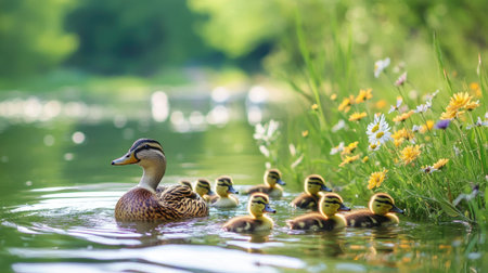 A mother duck and her ducklings swimming through clear pond water, surrounded by wildflowers and green foliage on a bright sunny dayの素材