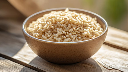 A bowl of dry brown short-grain rice on a wooden surface, with light shining through to accentuate the grain's texture.の素材