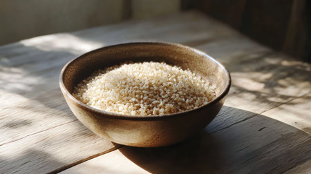 A bowl of dry brown short-grain rice on a wooden table, with grains glistening under soft lighting.の素材