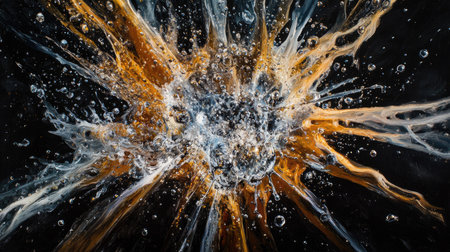 A bold and energetic water explosion, with intricate details of each droplet against deep black.の素材