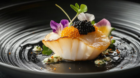 A beautifully plated gourmet scallop topped with delicate edible flowers and a dollop of caviar, presented on a sleek black plate.の素材
