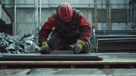 A construction worker wearing safety gear, cutting metal sheets to size on a building site, with piles of metal sheets in the background.の素材