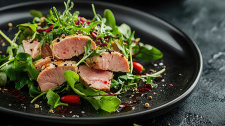 A beautifully plated dish with fresh canned tuna, mixed greens, and a gourmet vinaigrette, ready to serve.の素材