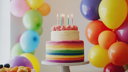 A birthday dessert table with a rainbow cake, vibrant balloons, and cheerful decorations.の素材