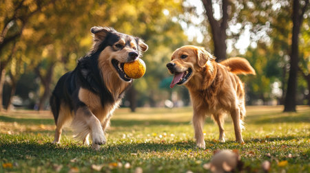 A dog holding a ball in its mouth while playing with another dog in the park. Both dogs are full of energy, and the day is perfect for a game of fetch.の素材