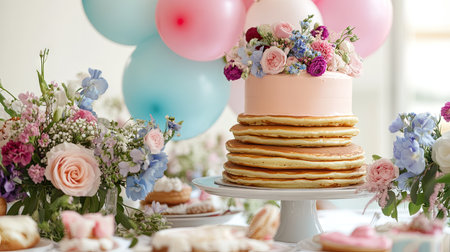A birthday brunch setup with a pancake cake, fresh flowers, and helium balloons.の素材