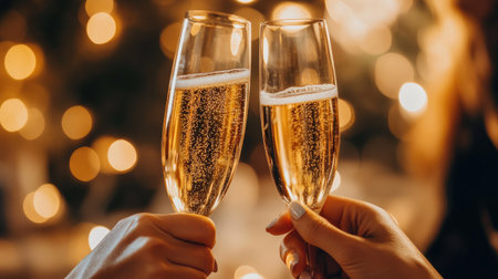 Two friends clinking their champagne glasses in a close-up shot, the golden liquid sparkling in the glasses, creating a moment of joy and celebration at a party.の素材