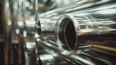A detailed shot of polished silver steel pipes, showing the sleek texture and strength of the metal, ready for use in construction or factory applications.の素材