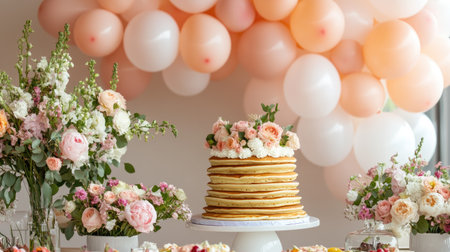 A birthday brunch setup with a pancake cake, fresh flowers, and helium balloons.の素材