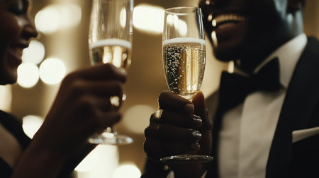 Two people raising their champagne glasses in a close-up shot, clinking them together with laughter in the air. Soft, celebratory lighting creates a joyful ambiance.の素材