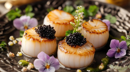 A stunning gourmet plate featuring tender scallops garnished with delicate flowers and rich black caviar.の素材