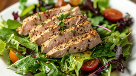 A beautifully plated dish with fresh canned tuna, mixed greens, and a gourmet vinaigrette, ready to serve.の素材