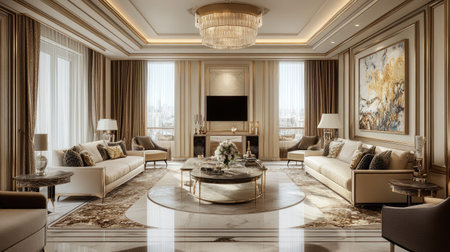 A spacious luxury apartment with a minimalist design, featuring neutral tones, clean lines, and modern furniture for an elegant atmosphere.の素材