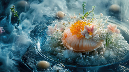 A beautifully plated gourmet scallop decorated with delicate flowers, garnished with caviar and a subtle sauce drizzle.の素材