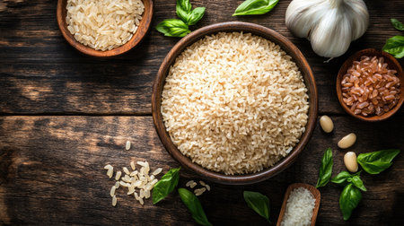 A bowl of dry brown short-grain rice surrounded by raw ingredients on a rustic wooden table.の素材