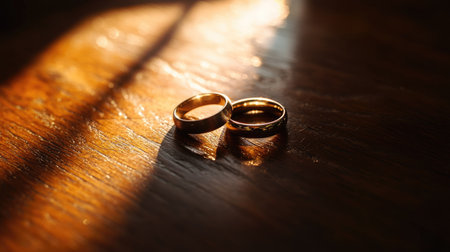 Two wedding rings placed side by side on a dark wooden table, the play of light and shadow creating an elegant and romantic ambiance.の素材