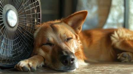 A dog laying down in front of a fan, enjoying the breeze with a peaceful expression. The fan provides a calming effect as it cools down the space.の素材