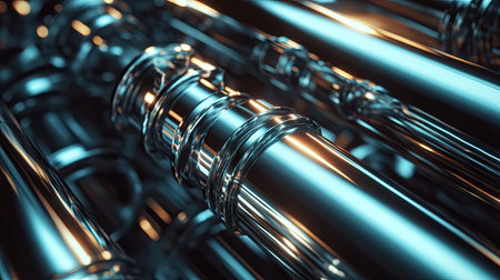A detailed shot of shiny steel pipes with smooth, polished surfaces, showing the high-quality industrial material ready for use in manufacturing.の素材