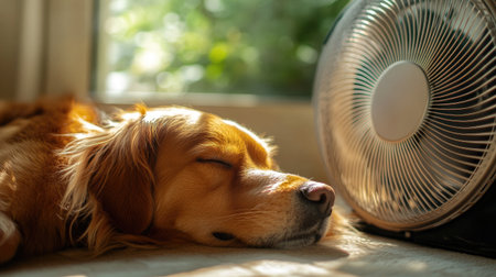 A contented dog laying on its side in front of a fan, enjoying the cool breeze on a hot day. The fan creates a soft, refreshing atmosphere in the room.の素材