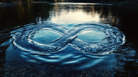 The infinity symbol made from flowing water, with ripples forming endless loops in the surface, set in a tranquil natural environment.の素材