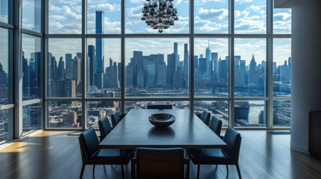 A spacious luxury apartment dining area with minimalist furniture, a modern chandelier, and expansive windows offering panoramic city views.の素材
