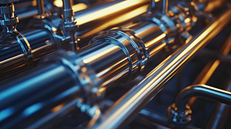 A detailed shot of shiny steel pipes with smooth, polished surfaces, showing the high-quality industrial material ready for use in manufacturing.の素材