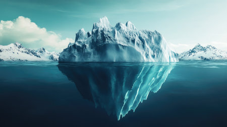 A striking iceberg with jagged edges, floating in icy waters, symbolizing unseen dangers beneath.の素材