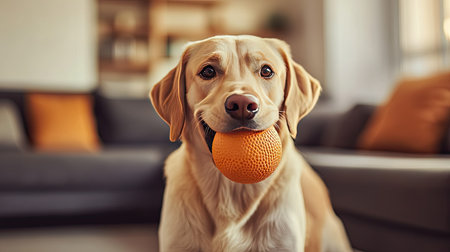 A dog sitting in a living room with a ball in its mouth, waiting for a game of fetch indoors. The dog's joyful expression shows it's ready to play.の素材