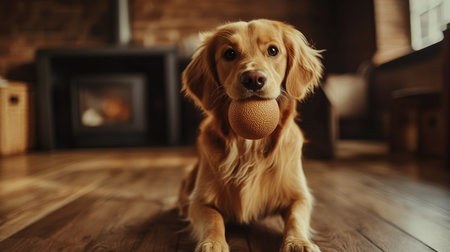 A dog holding a ball in its mouth while sitting on a wooden floor, eyes bright with excitement for an upcoming game. The room is cozy and inviting.の素材