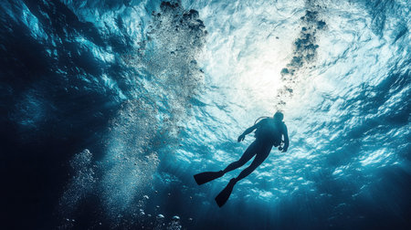 A breathtaking ocean scene where a scuba diver floats near the shimmering water's surface.の素材