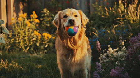 A dog standing in a garden, holding a colorful ball in its mouth, waiting for someone to play fetch with it. The dog's posture shows eagerness.の素材